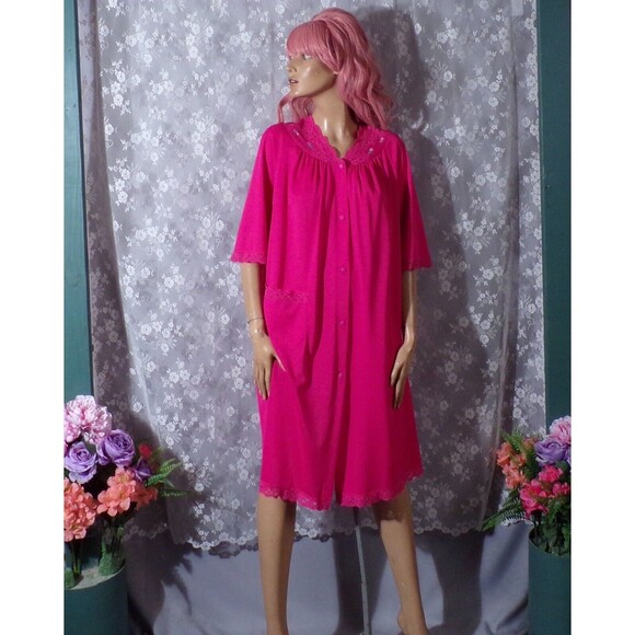 Vintage 60s Pink Robe 1960s Hot Pink Nylon Floral Pinup Retro Size Small S/M - Picture 2 of 6